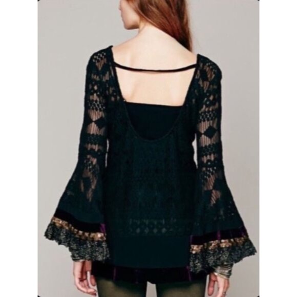 RARE Free People Black Lace Velvet Silk Bell Sleeve Whimsigoth Mini Dress Tunic - Picture 14 of 16